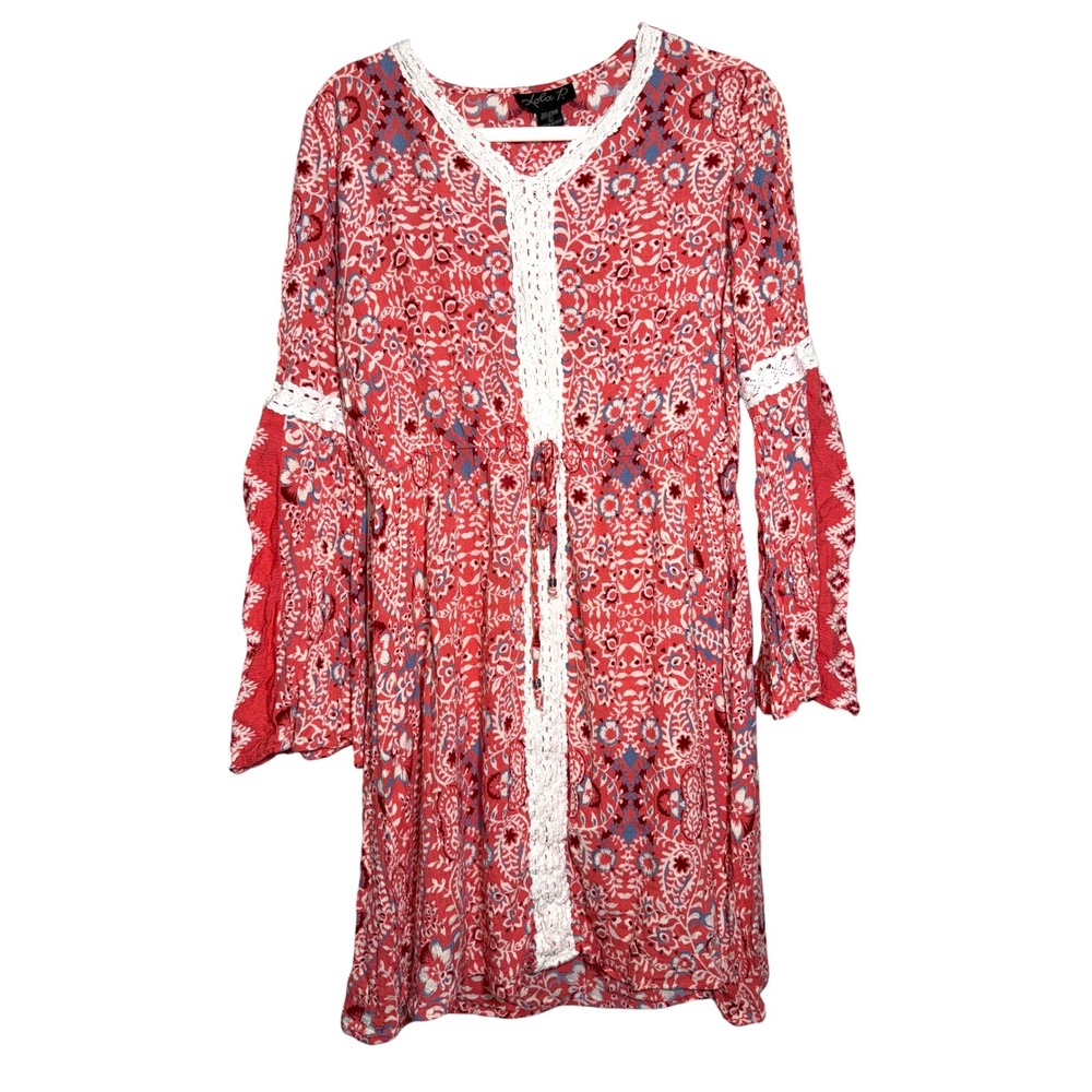 Lola P Coral Boho Tunic Dress Large Floral Paisley Lace Bell Sleeve Peasant